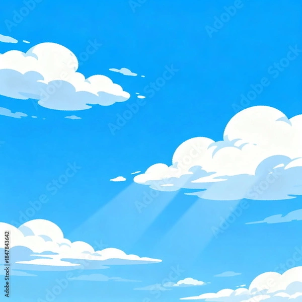 Obraz Bright blue sky with fluffy white clouds and sun rays shining through