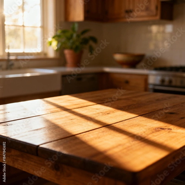 Obraz Sunlit Wooden Kitchen Table with Warm Light