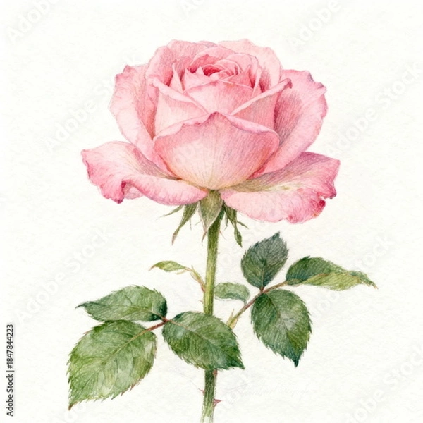 Obraz Watercolor Painting of Pink Rose with Leaves