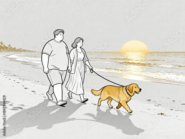Obraz Couple Walking Golden Retriever on Beach at Sunset