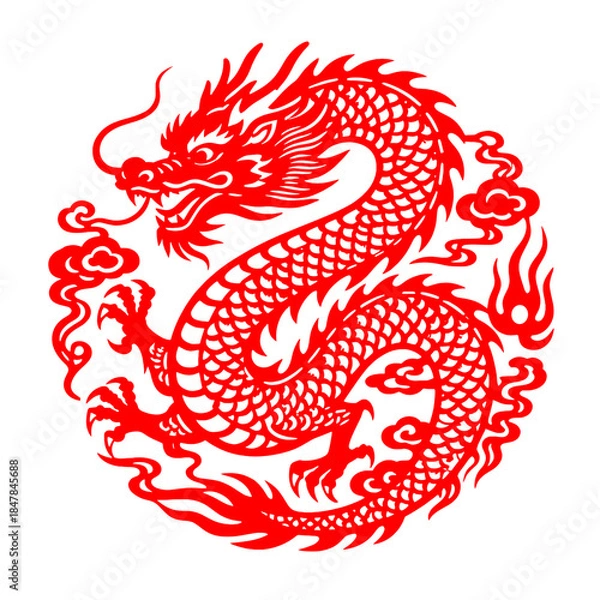 Obraz [Vector EPS]Red Chinese dragon paper-cut art with cloud patterns