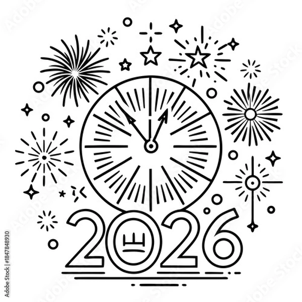 Obraz Firework Explosion Over Clock Line Art 2026