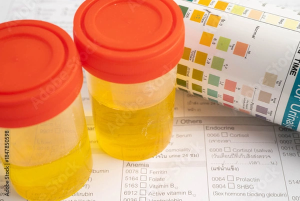 Obraz Urinalysis, urine cup with reagent strip pH paper test and comparison chart in laboratory.