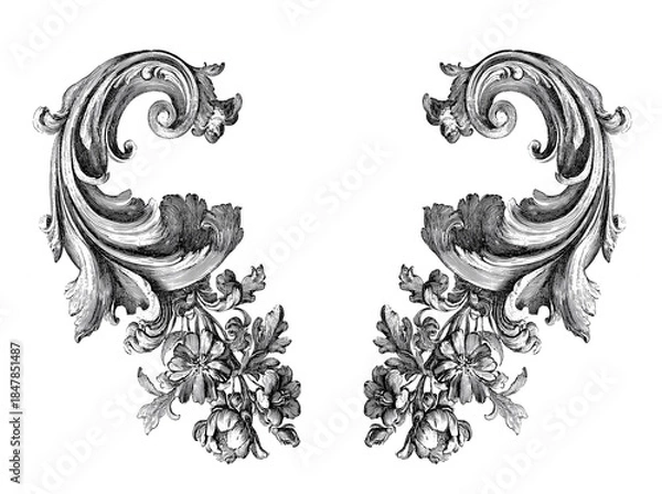 Fototapeta vintage swirl ornament engraved illustration isolated on white background
