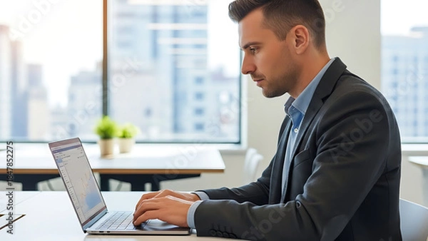 Fototapeta Businessman working on laptop in modern office