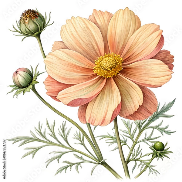 Fototapeta Delicate peach cosmos flower with buds and leaves a beautiful botanical illustration for spring or summer floral design isolated on white
