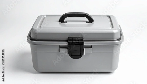 Fototapeta “Gray plastic storage box with black handle and latch on white background”