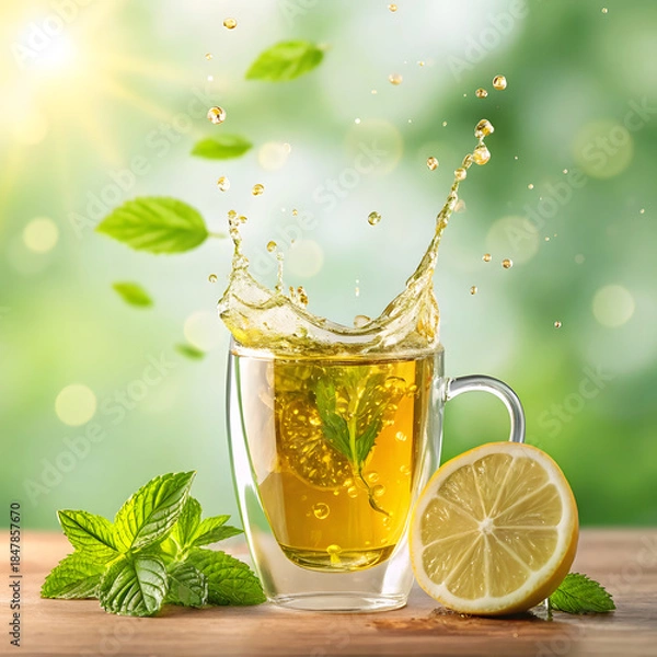 Fototapeta Refreshing green tea splash with mint and lemon healthy beverage concept with natural ingredients and bright sunlight perfect for wellness and refreshment