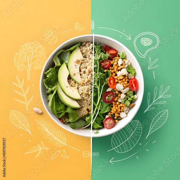 Fototapeta Healthy food bowl split in half with fresh ingredients and hand-drawn doodles concept for balanced diet and nutrition isolated on colorful background
