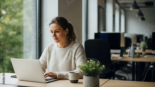 Fototapeta Woman working on laptop in modern office setting