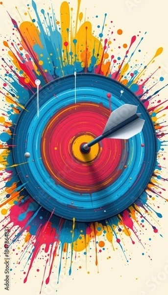 Fototapeta Vibrant Dart Hitting Bullseye Target with Colorful Paint Splatter Background - Success and Accuracy Concept