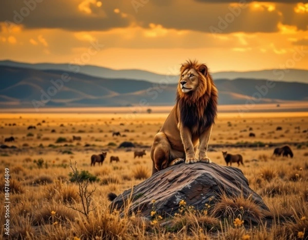 Fototapeta Majestic Lion Sentinel on the Savanna: Portrait of Power and Serenity at Dawn or Dusk in the African Wilderness