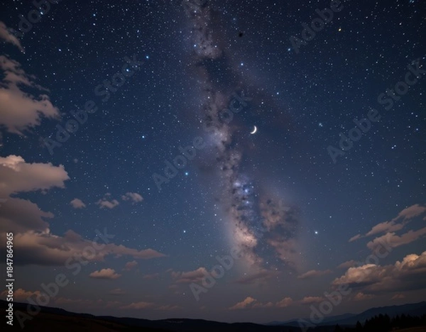 Fototapeta Majestic Night Sky: Crescent Moon, Milky Way, and Starry Clouds Over a Serene Landscape, Capturing the beauty and wonder of a solitary night.