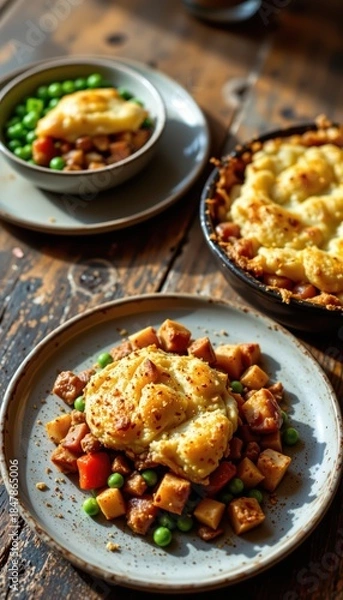 Fototapeta Cozy Shepherd's Pie Meal with Peas on Rustic Wooden Tabletop, Home-Cooked Comfort Food