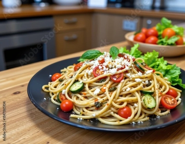 Fototapeta Delicious Spaghetti Primavera with Fresh Vegetables on Dark Plate, Perfect for Healthy Eating Concepts