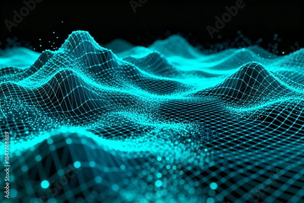 Obraz Abstract Digital Terrain with Wave-like Patterns and Geometric Grid