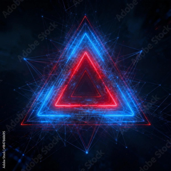 Obraz Neon Triangles with Networked Connections on Dark Background