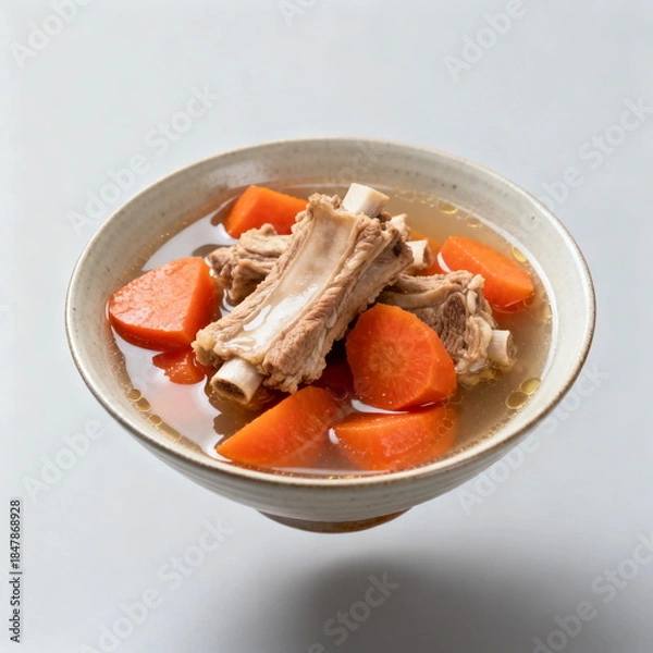 Obraz A bowl of carrot and pork rib soup with delicious ingredients