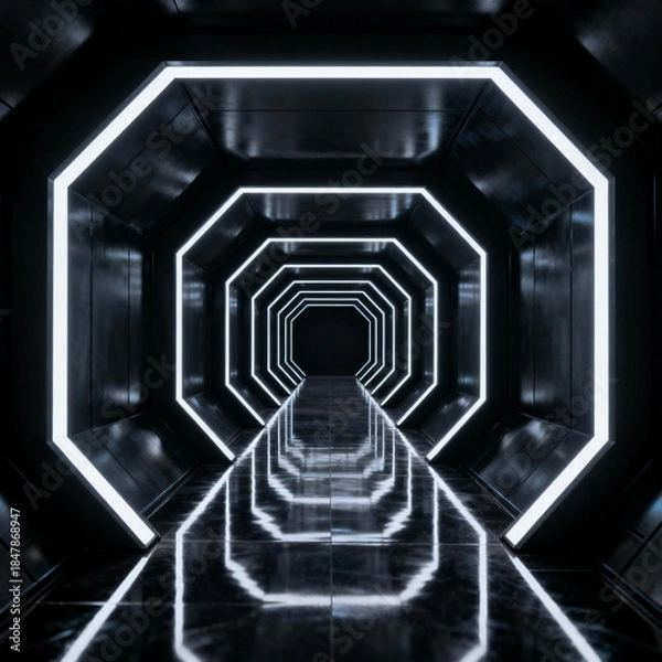 Obraz Futuristic Hexagonal Tunnel with Neon Lighting