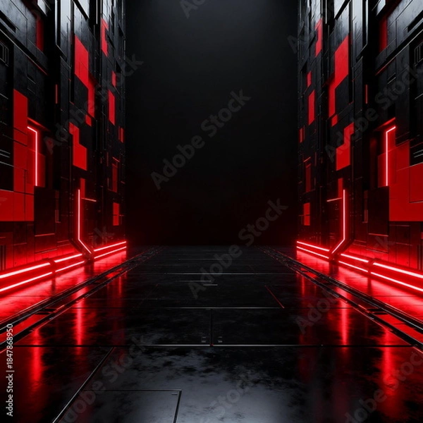 Obraz Futuristic Sci-Fi Cyberpunk Corridor with Red Neon