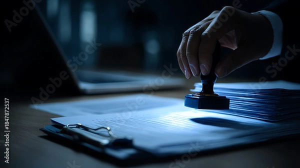 Obraz Hand holding stamp over documents papers clipboard