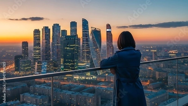 Fototapeta Woman enjoying cityscape view from rooftop at sunset