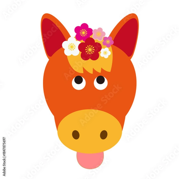 Obraz 花飾りをつけたかわいい馬の顔イラスト
