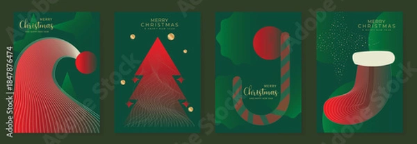 Fototapeta Merry Christmas and Happy New Year vector greeting card set. Elegant holiday backgrounds with geometric Christmas trees, stars, snowflakes and gold line art for invitations, posters and banners.