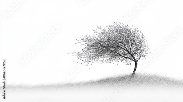 Obraz Lone tree silhouette against a white backdrop emphasizing wind and movement