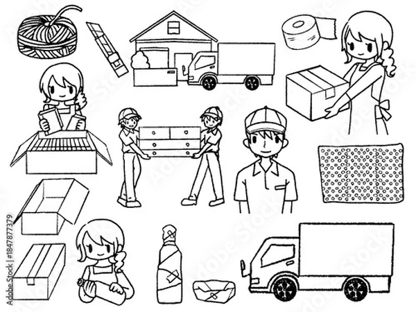 Obraz 手描きの女性と作業員、引っ越しセット線画