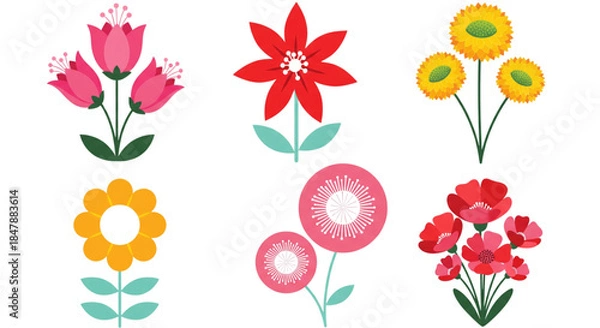 Fototapeta Decorative Vector Flower Set Cheerful Springtime Blooms Graphic Design Elements
