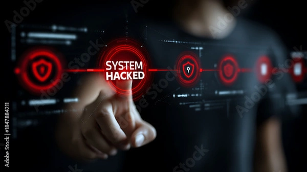 Fototapeta Person touching digital interface displaying system breach alerts cybersecurity hacking