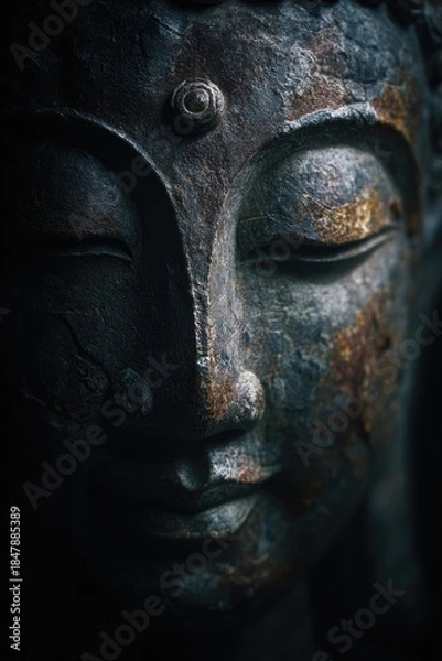 Fototapeta Close-up of weathered Buddha statue face