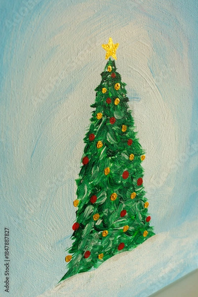 Fototapeta Minimal hand painted Christmas tree with ornaments on soft blue background