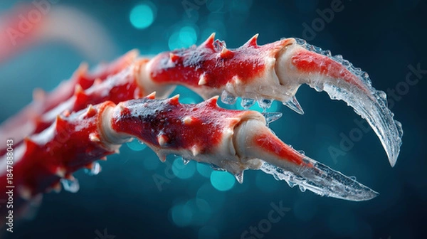 Obraz Single frozen crab leg with sharp frosty edges reflects light against blurred blue background, creating striking and detailed image