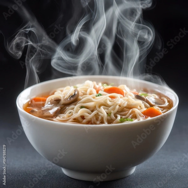 Obraz Steaming bowl of ramen with rich broth, noodles, and vegetables creates comforting and appetizing meal. steam rising adds warmth and aroma to dish