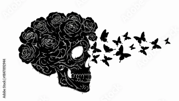 Fototapeta Dark roses bloom from a skull as butterflies take flight, symbolizing transformation and freedom.