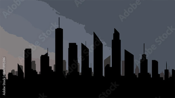 Fototapeta Dramatic silhouette of a modern city skyline against a cloudy, atmospheric sky.