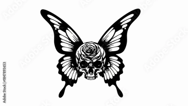 Fototapeta Intricate skull and rose design with butterfly wings, symbolizing transformation and mortality.