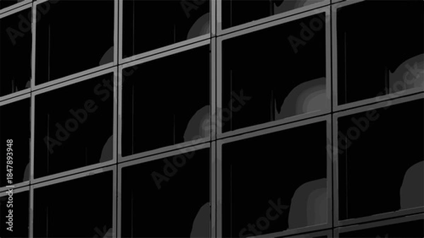 Fototapeta Monochromatic abstract pattern of repeating glass window panes with dark reflections
