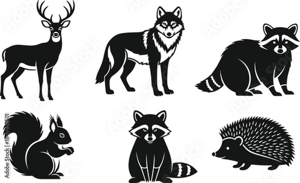 Obraz Collection of monochrome woodland animal icons featuring deer, wolf, raccoon, squirrel, and hedgehog, isolated vector silhouettes for nature logos, wildlife symbols, and forest themes.