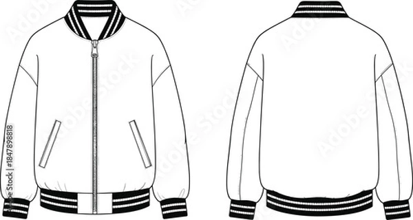 Obraz Men bomber jacket technical flat vector illustration front and back view apparel fashion design template isolated clean outline modern clothing
