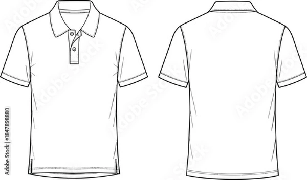 Obraz Minimal polo shirt technical flat illustration with front and back views for fashion design sewing pattern vector template apparel artwork