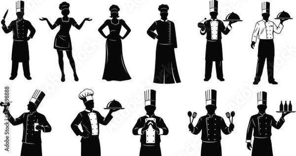 Obraz Professional chef silhouettes collection, restaurant kitchen staff characters, cooking uniform figures, culinary workers icons set, black vector illustration