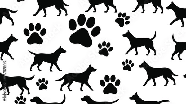 Obraz Seamless vector pattern featuring black walking dog silhouettes and animal paw prints, isolated background for pet shop branding, textile, or wallpaper design.