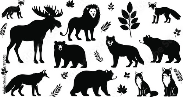 Obraz Set of black wild animal silhouettes including moose, lion, bear, wolf, and fox, featuring nature leaf elements for wilderness vector illustration design.