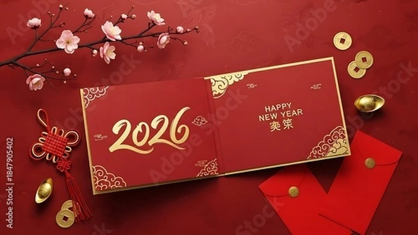 Obraz Chinese new year celebration with red envelopes, gold coins, and cherry blossoms, symbolizing good fortune and prosperity in 2026