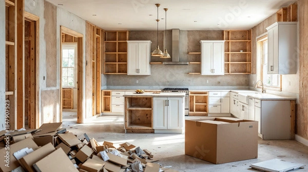 Obraz Kitchen renovation with exposed framing and new cabinets ready