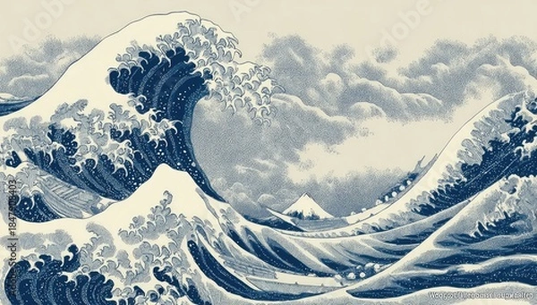 Fototapeta Powerful, crashing waves in shades of blue and white, depicting a stormy sea landscape with hints of land