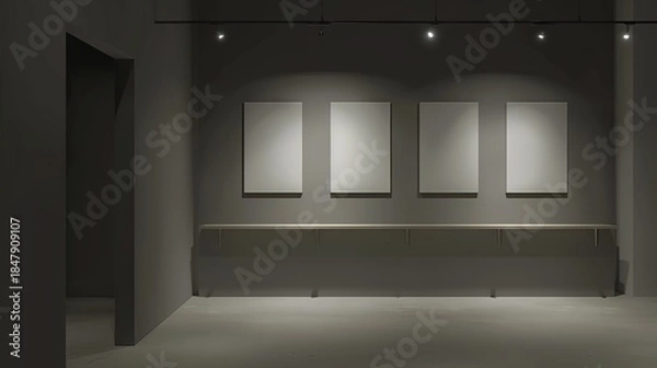Obraz Empty gallery space with four framed artworks on a wall, illuminated by spotlights